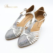 社交ダンス 衣装 スタンダード シューズ 23cm 23.5cm シルバー系 MARCHEN 靴 くつ ヒール ラメ キラキラ ストラップ 華やか 上品 高級感 派手 目立つ パーティー ダンス衣装 イベント