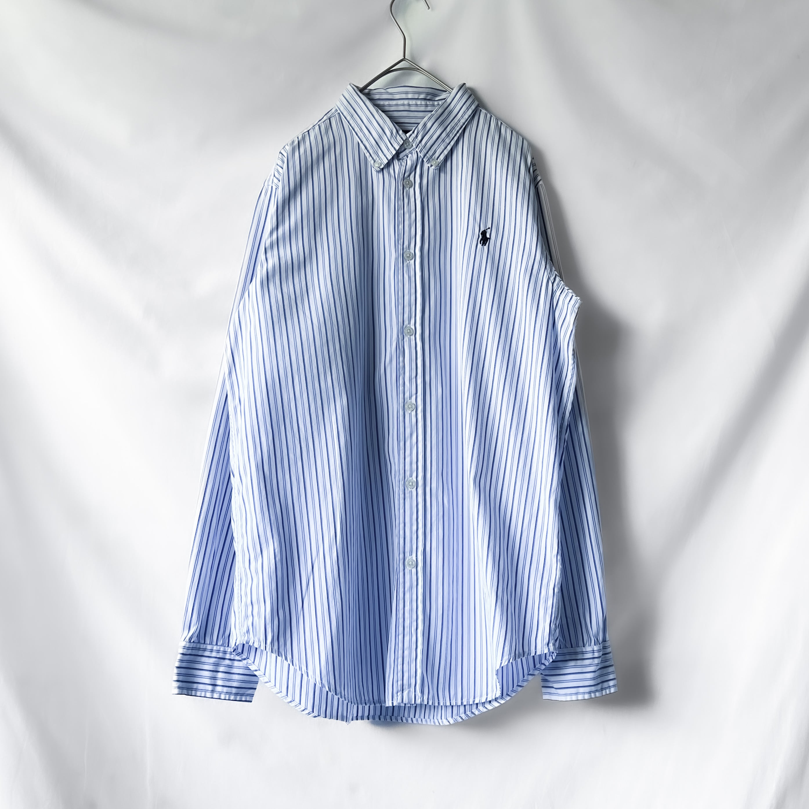 90s “Ralph Lauren” white × blue stripe button down shirt 90年代 ラルフローレン ストライプ  ボタンダウンシャツ | anti knovum（アンタイノーム）