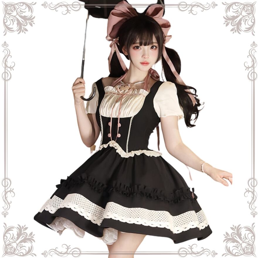 ゴスロリ通販 With U ファッション ワンピース メイド風 パフスリーブ フレアスカート フリル レース クラロリ ゆめかわファッション 原宿系 かわいい ろりぃたふぁっしょん