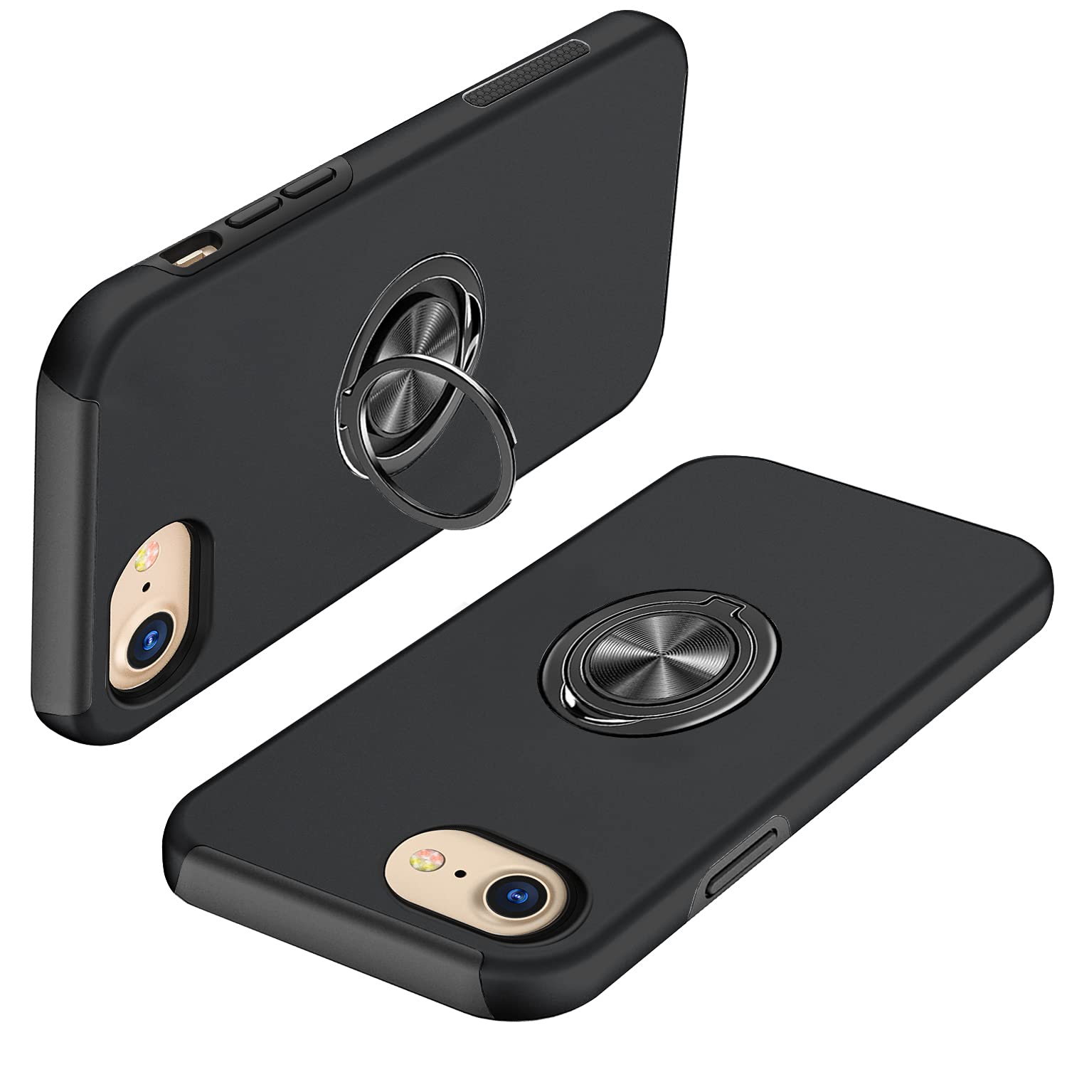 対応 iPhone SE3/SE/8/7 ケース リング付き 耐衝撃 360°回転 隠し収納式スタンド 指紋防止 カバー ブラック