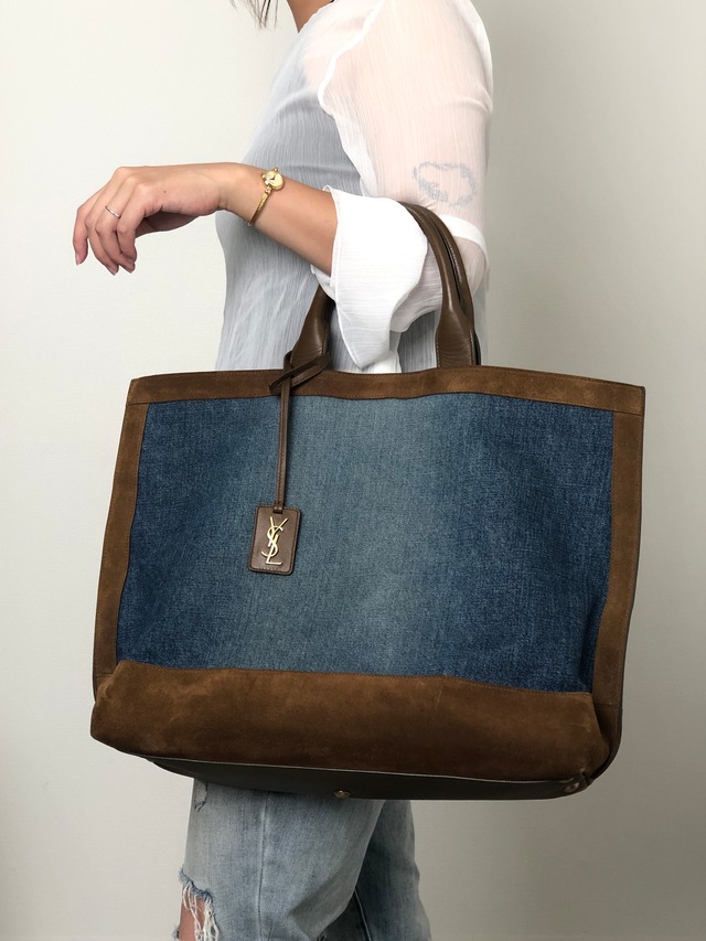 Yves Saint Laurent イヴ・サンローラン ハンドバッグ インディゴ×ブラウン YSL キャンバス×スウェード トートバッグ vintage ヴィンテージ オールド tgpnxk
