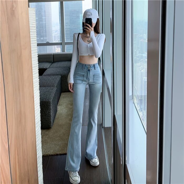 パンツ スプリングスタンダードハイウェストウェストスリム薄手ジーンズ レッド レトロ 春物 ドラファッションホール30075963104