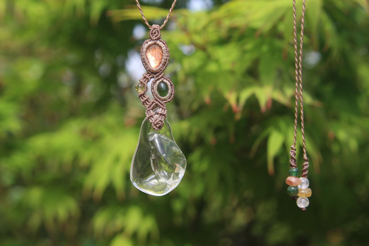 Healing crystal & Sunstone & Chrome Tourmaline micro macrame pendant