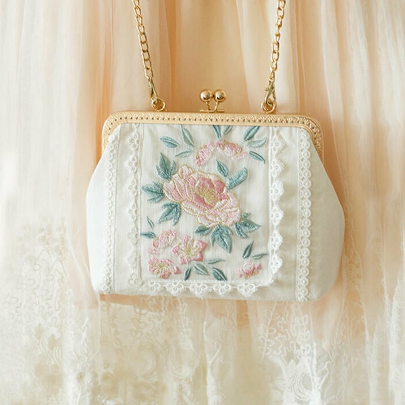 可愛い パーテイーバック レース 刺繍 コットンリネン チェーンバッグ