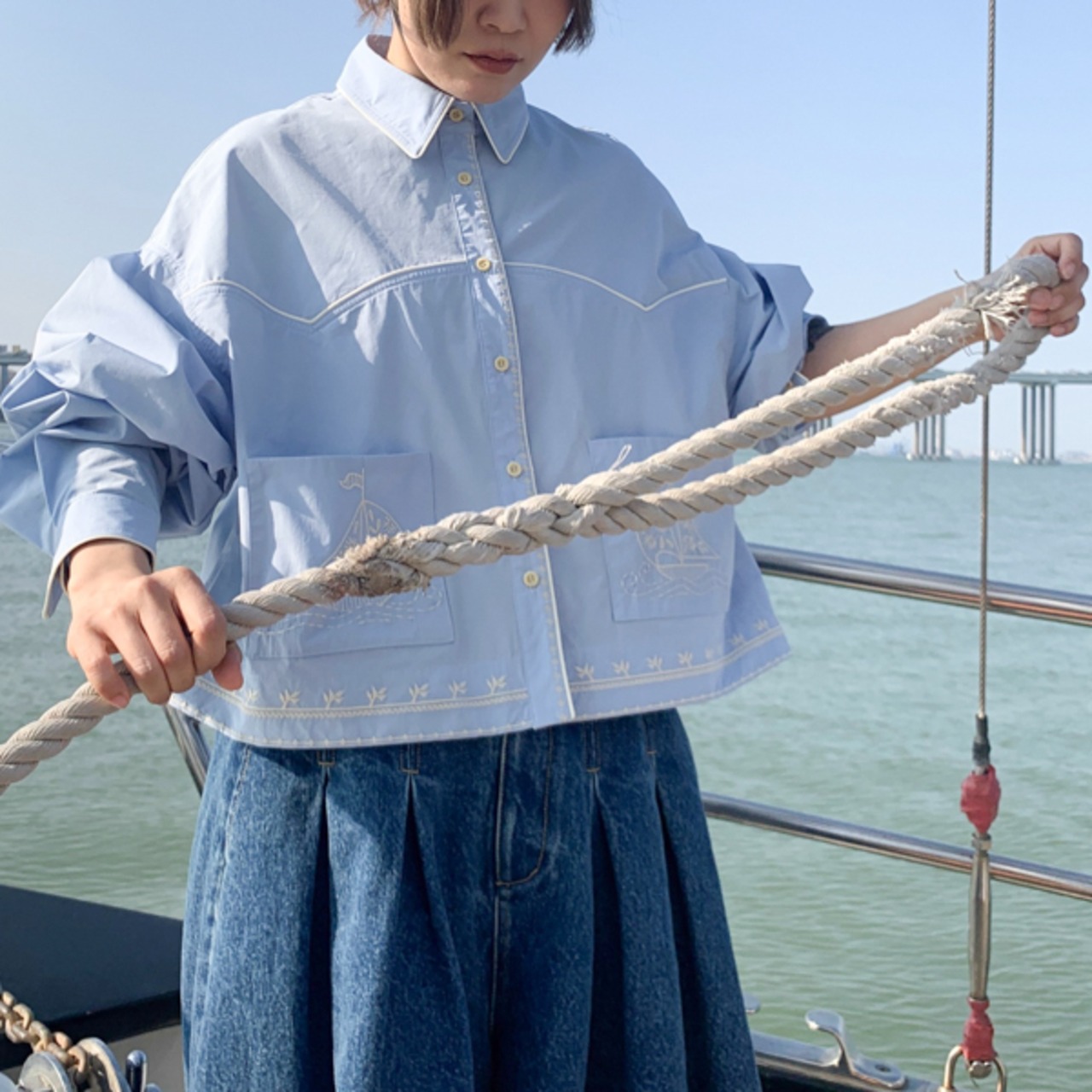 【3color】帆船と旅する陽だまりバルーンシャツ 《W0158》