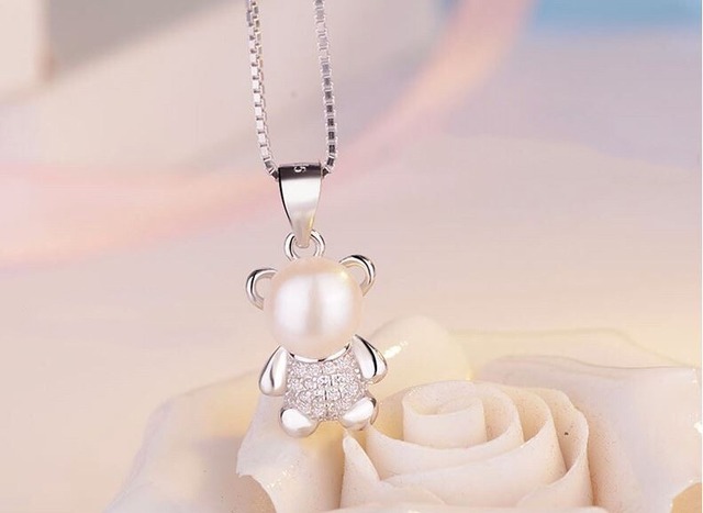 teddy bear necklace【パール×ジルコニア】czn24