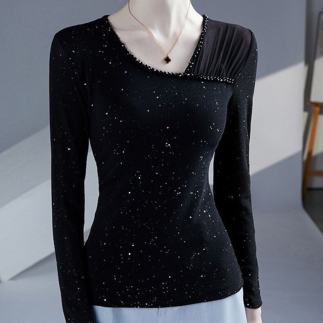 ドレープネック ロングスリーブ ラメ カットソー ds1080