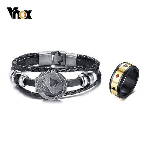 【送料無料】 メンズ ラッキー 幸運 ブレスレット リング 指輪 セット ビンテージ レザー カード 王 ラスベガス 40001954