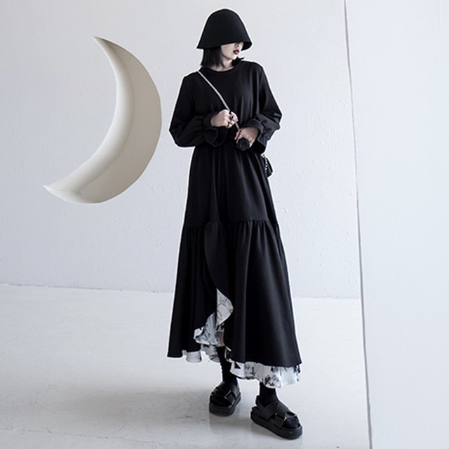 病みかわいい ゴスロリ 黒ドレス ワンピ ロング丈 アシンメトリー 大人きれいめ モード系 女子会 デート お呼ばれ 代 30代 モード系ファッション専門店 With U