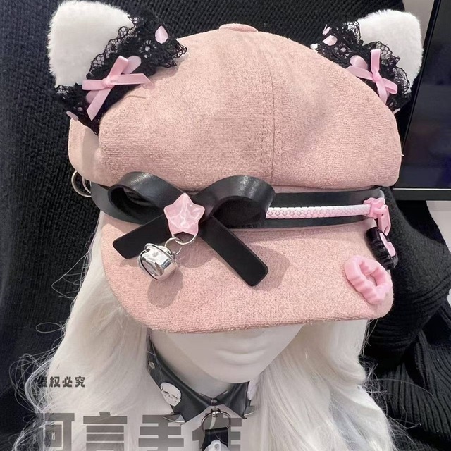 悪戯猫のピンクパンク 猫耳ジップ鈴リボン付きサブカル系キャスケット