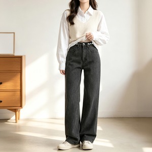 デニム パンツ レディース 韓国 ジーンズ 大人 カジュアル シンプル ウエスト調整可能 おしゃれ 春夏秋冬 ハイウエスト 美脚 ストレート 大人可愛い 大人女子 [LS-CFP014]
