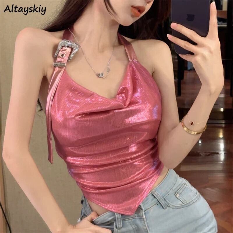 【新作】【送料無料】 ホルター不規則キャミソール女性背中の開いたホットスイートクロップトップス Y2K ひだデザインファッションクラブ流行夏韓国スタイルシックカジュアル 039185869028