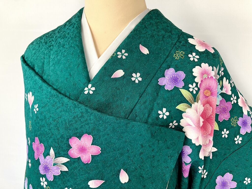 京友禅 刺繍 銀通し 振袖 花柄 桜 牡丹 菊 正絹 緑 青緑 紫 ピンク 047