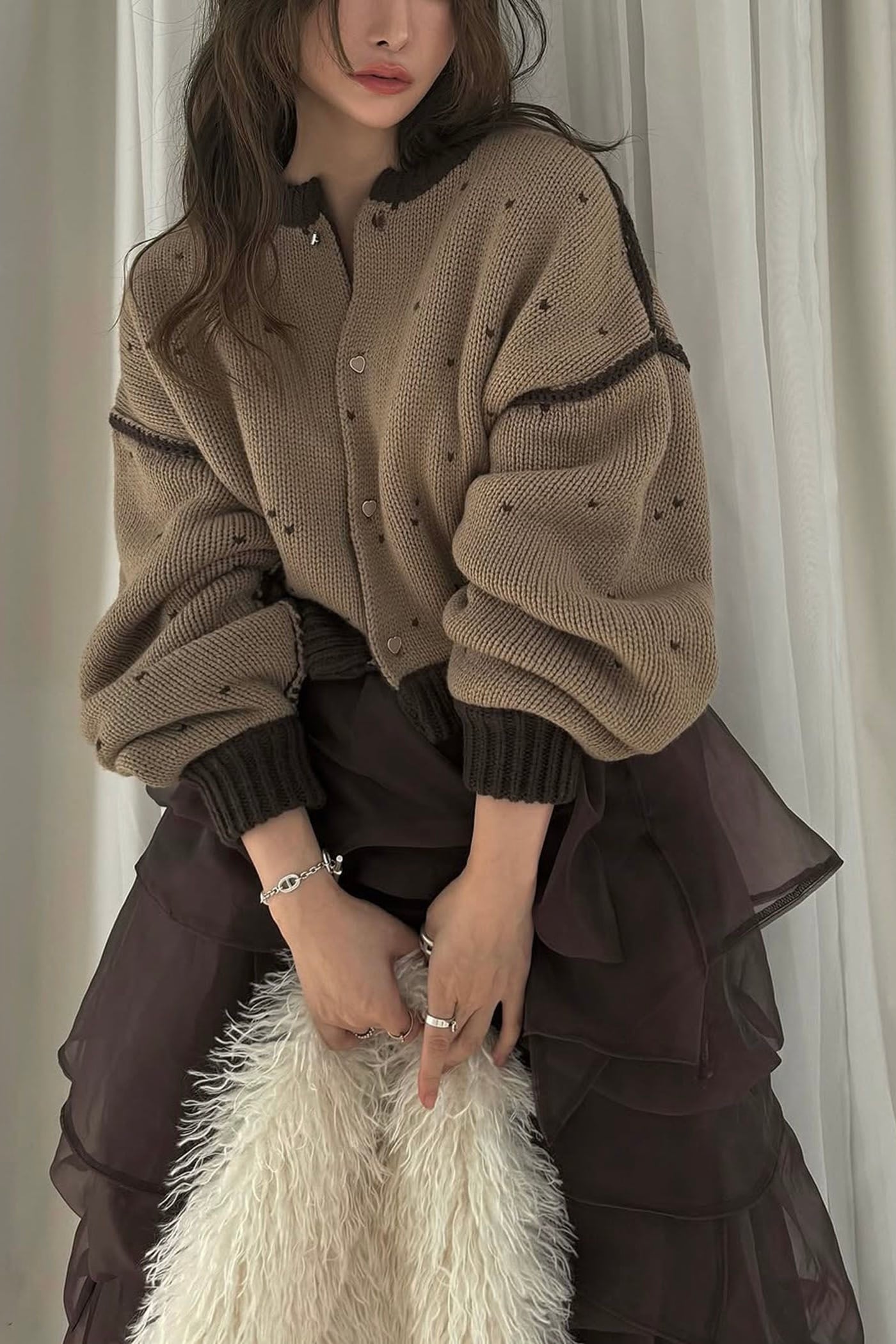 【新品タグ付き】willfully リバーシブルクロップド　ニットカーディガン WILLFULLY heart dot jacquard reversible cropped knit cardigan