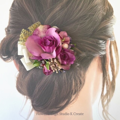ローズピンクの薔薇と紫陽花のヘアクリップ　髪飾り 　お出掛け　入学式　卒業式　結婚式　フォーマル