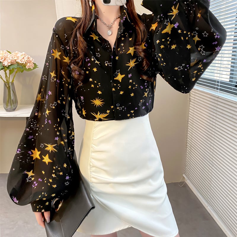 MOLIシリーズ】☆シャツ☆ トップス 星柄 星模様 シフォン 長袖 可愛い ブラック 黒い プリント オフィス elegant