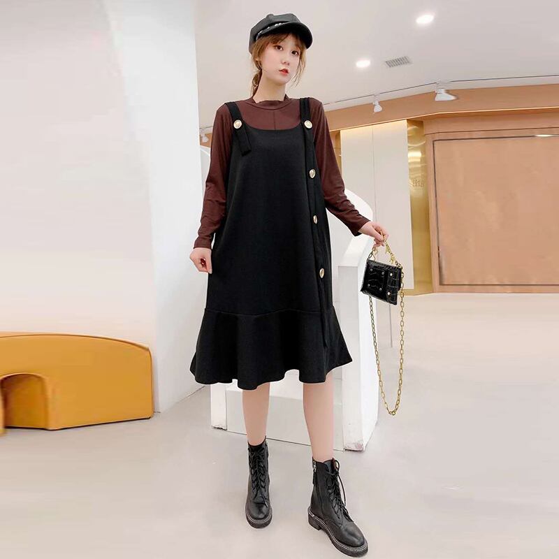 プラスサイズの女性の春と秋の服2020新しいファットシスターウエスタンスタイルの薄いドレスTシャツストラップツーピーススーツ ミックスインファッション49460211221