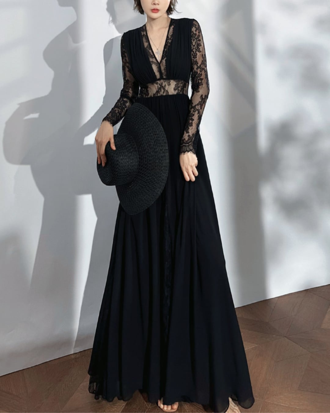 レース切り替えロングドレスワンピース S26145