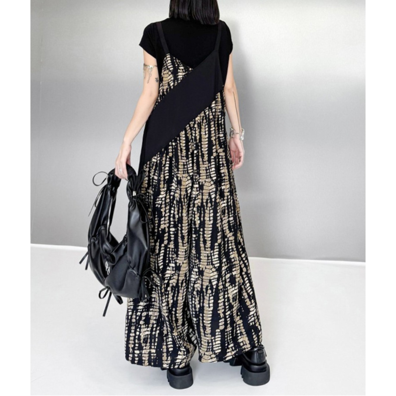 Monochrome Art Wide Leg Jumpsuit Pants / モノクロ アート ワイド ジャンプスーツ パンツ