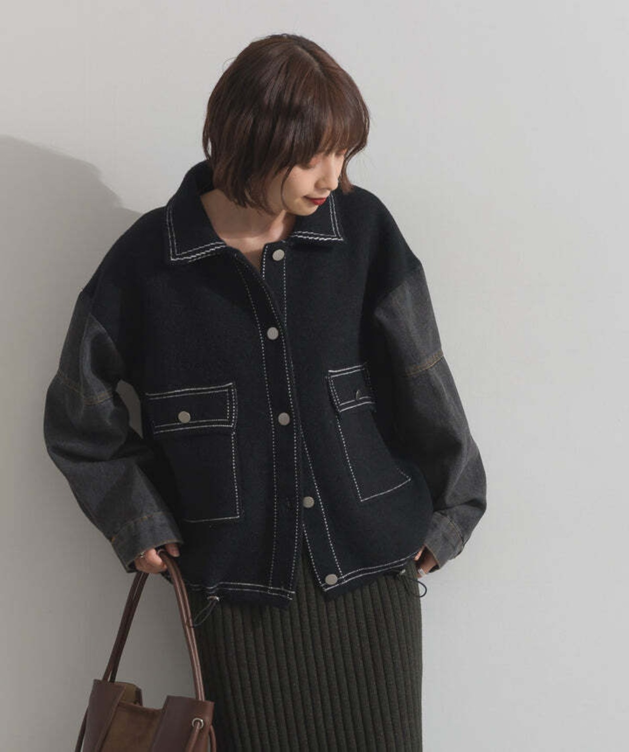 HD2510025 配色ステッチニットジャケットカーディガン black