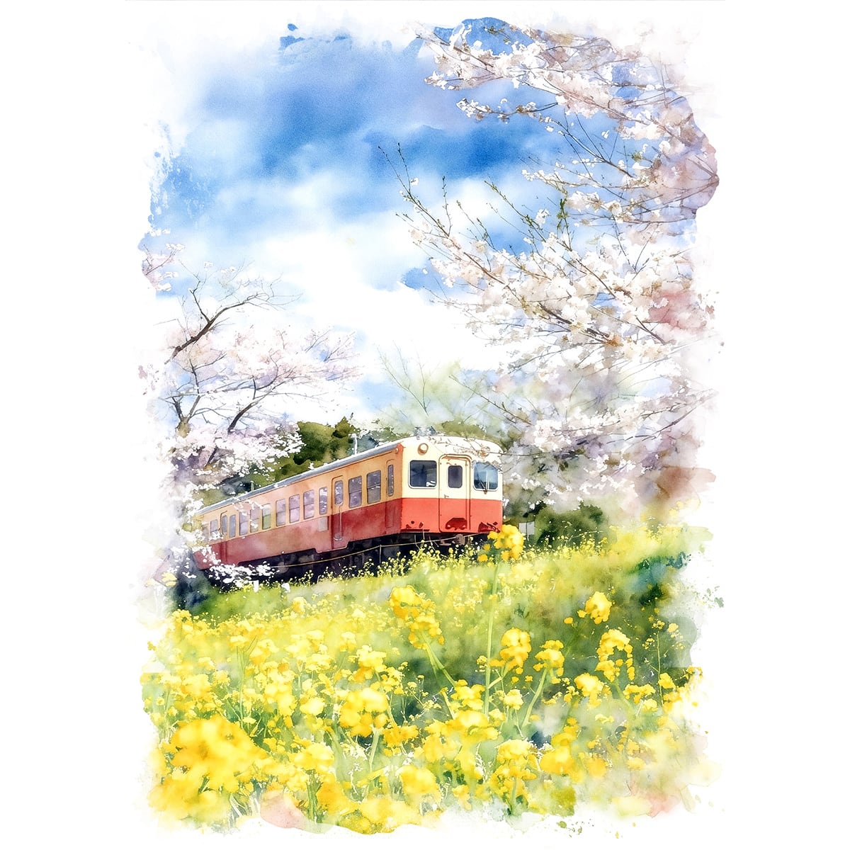 絵画 風景画 日本 千葉県 を走るいすみ鉄道 インテリアアート額付き