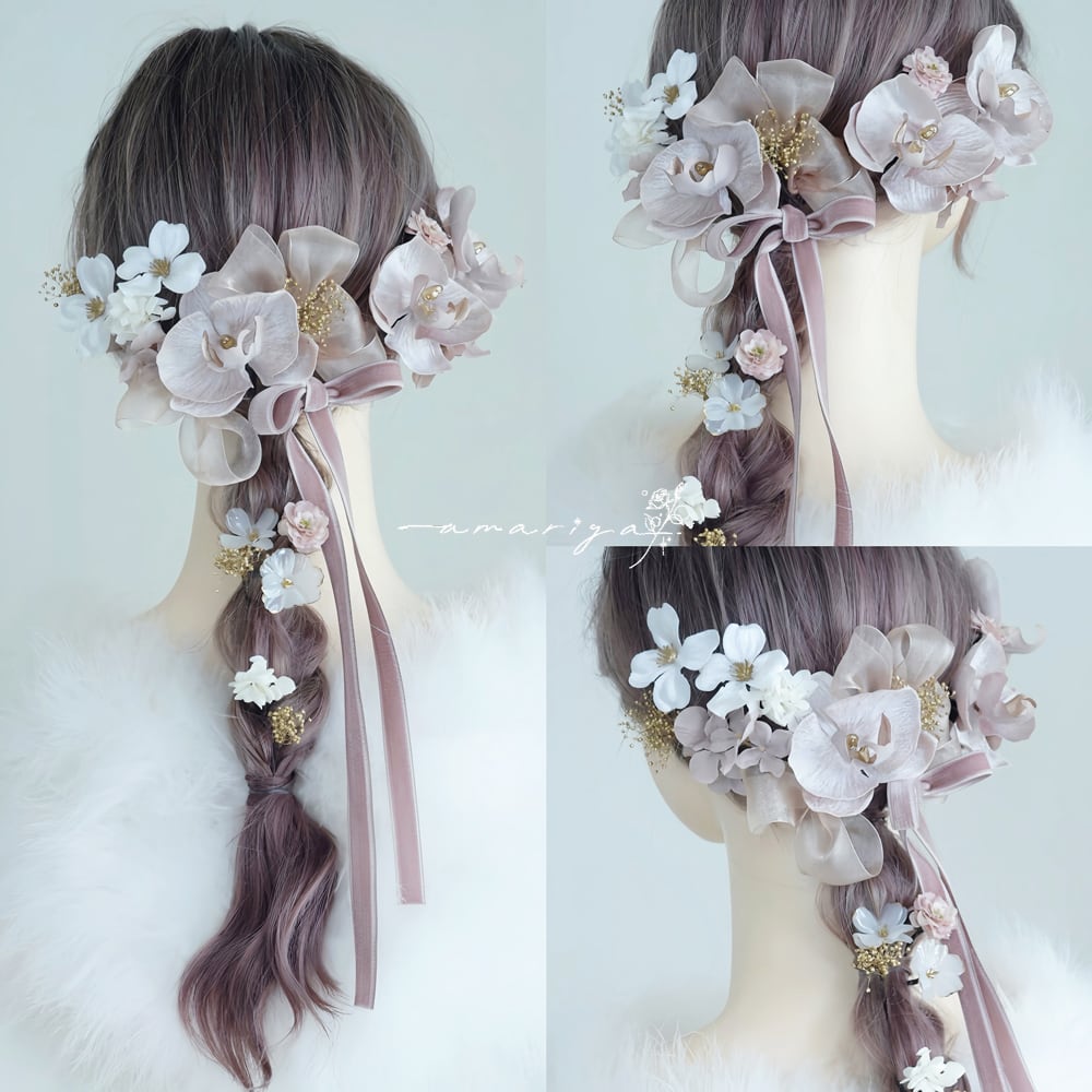 髪飾りベルベット胡蝶蘭3輪BEと桜