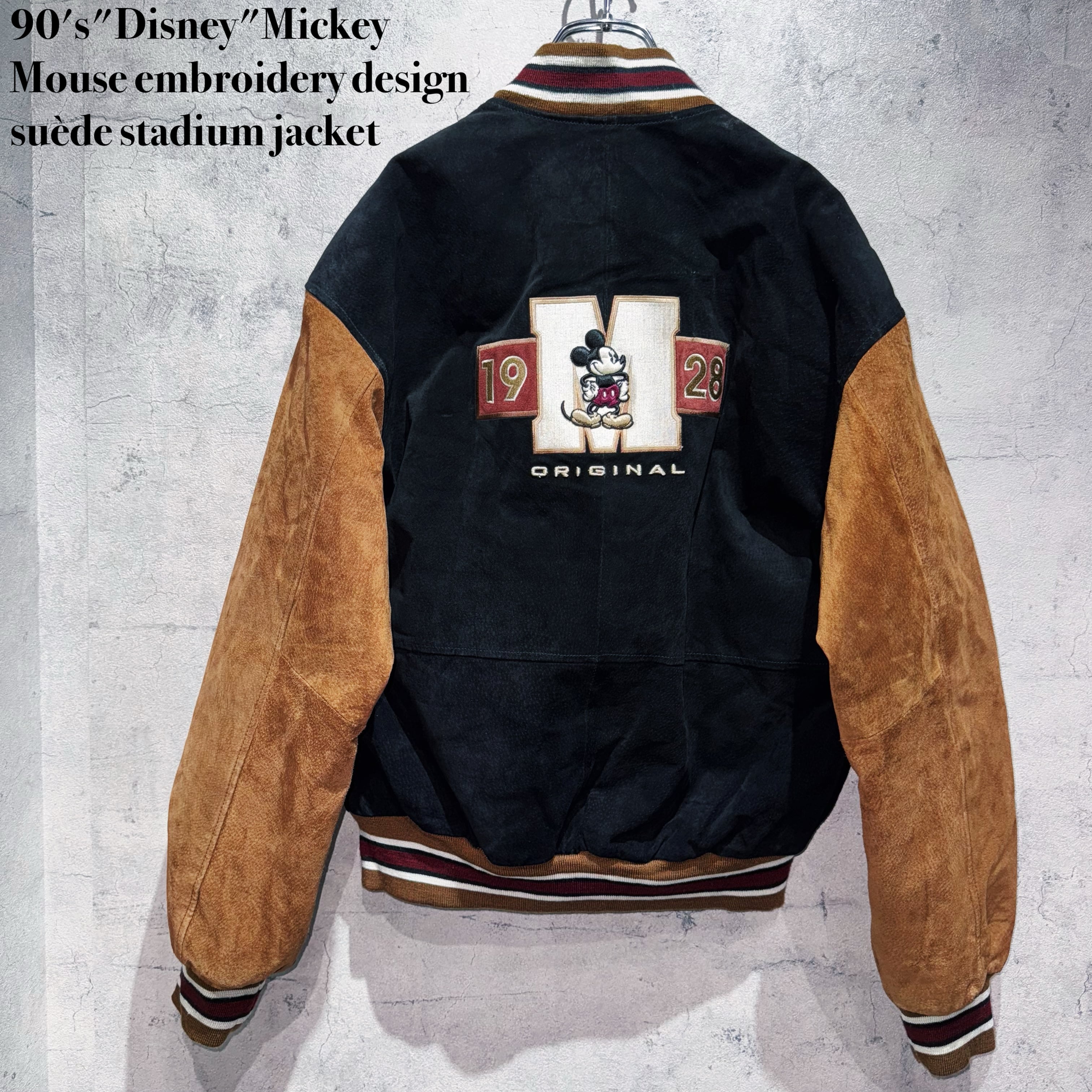 90's"Disney"Mickey Mouse embroidery design suède stadium jacket