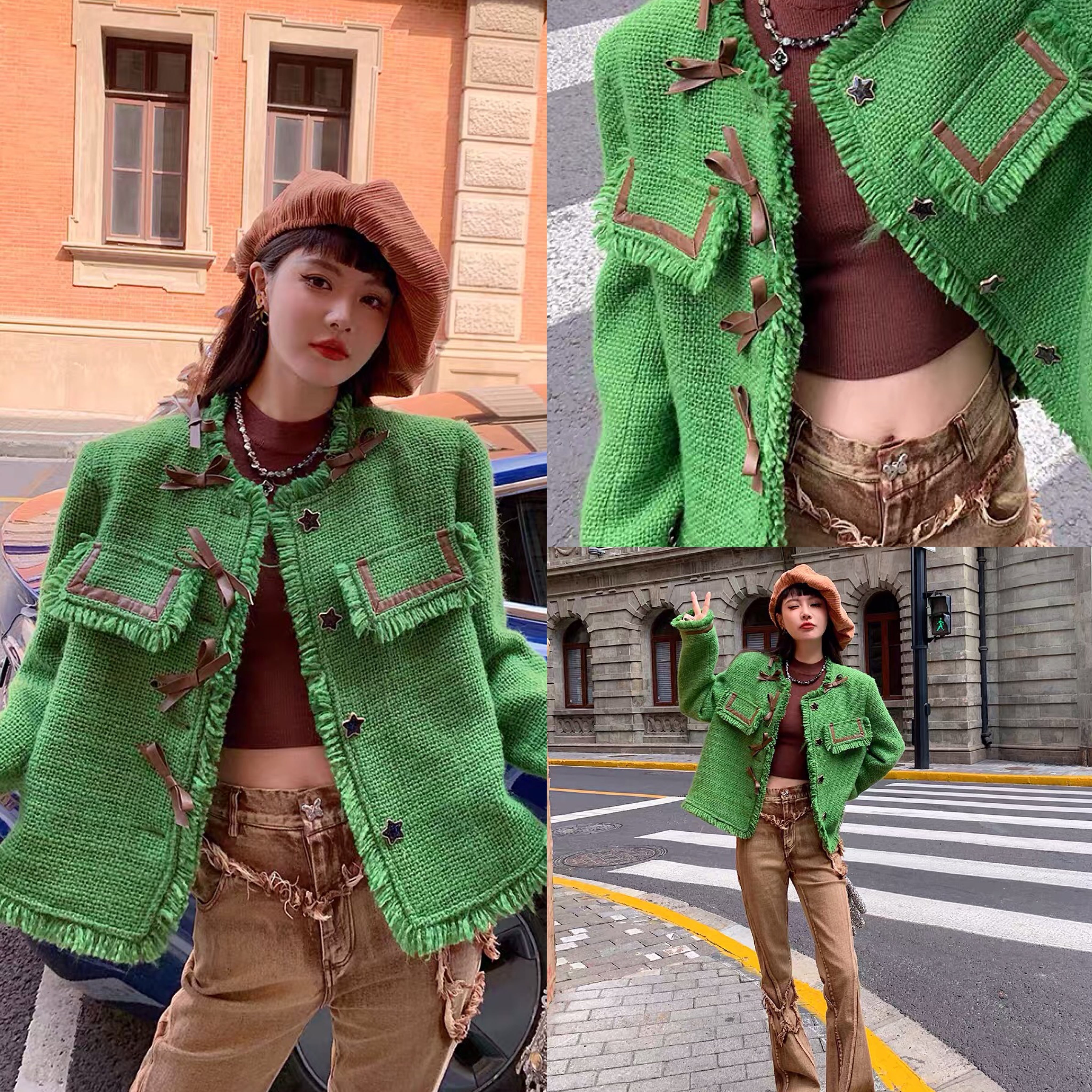 緑 チェック ツイード リボン 茶色 ジャケット アウター コート