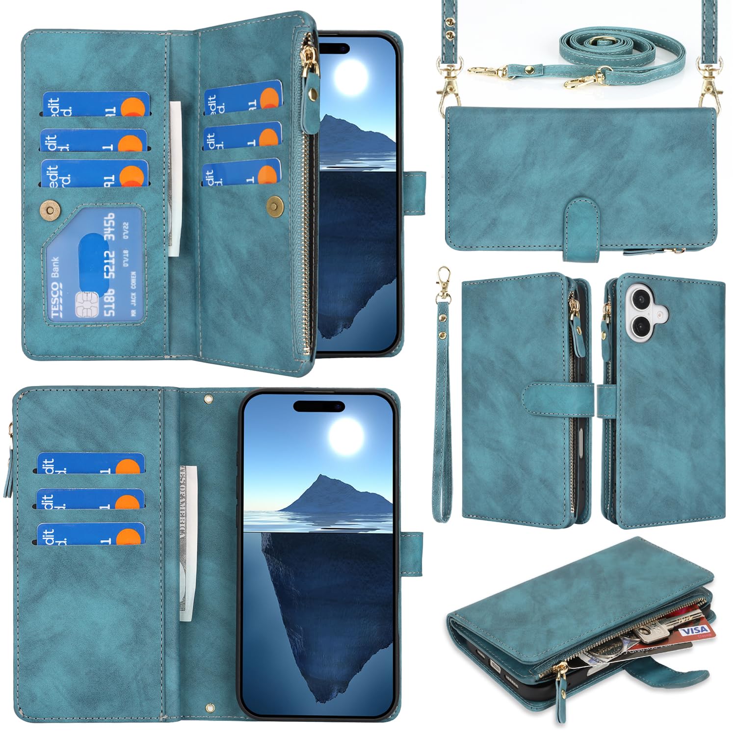 Eastwave アイフォン 16 ケース For iPhone 16 縄掛けケース For iPhone16 手帳型 財布型 ICカード コインポケット ストラップ付き カード 収納 小銭入れ ファスナーポケット付き PUレザー 6色ブルー