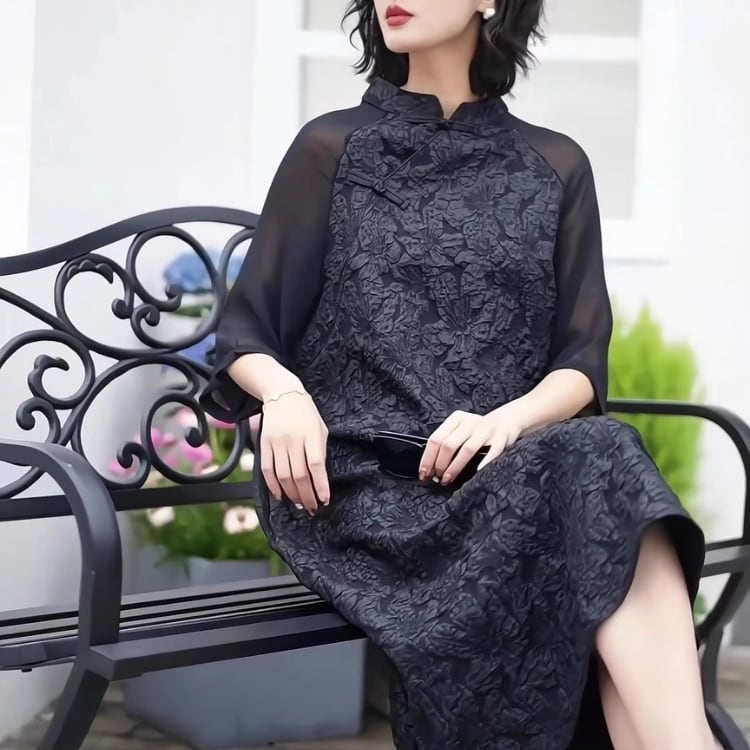 スタンドカラー 五分袖Aラインワンピース YS00003