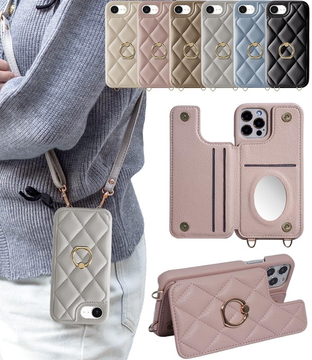 LIISEAケース ショルダー se3 キルティング se2 カード 収納 リング付き スマホケース ストラップ付き 可愛い マグネットホック ミラー付き se第3世代 マトラッセ オシャレ ミラー付 耐衝撃 肩掛け 斜め掛け スタンド機能 かわいい おしゃれ