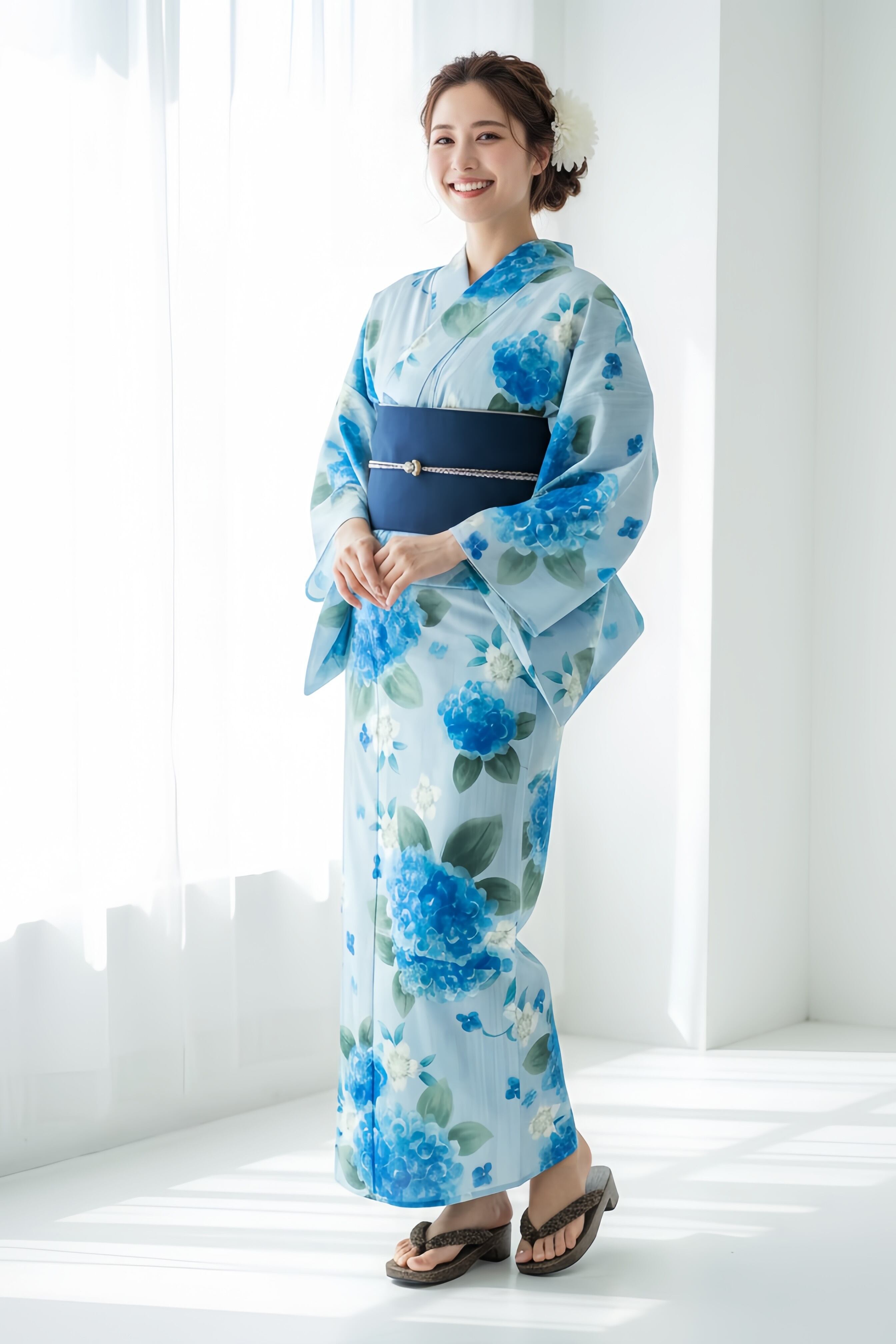 浴衣ジェンヌ 浴衣5点セット 水彩画調の紫陽花や菖蒲 青