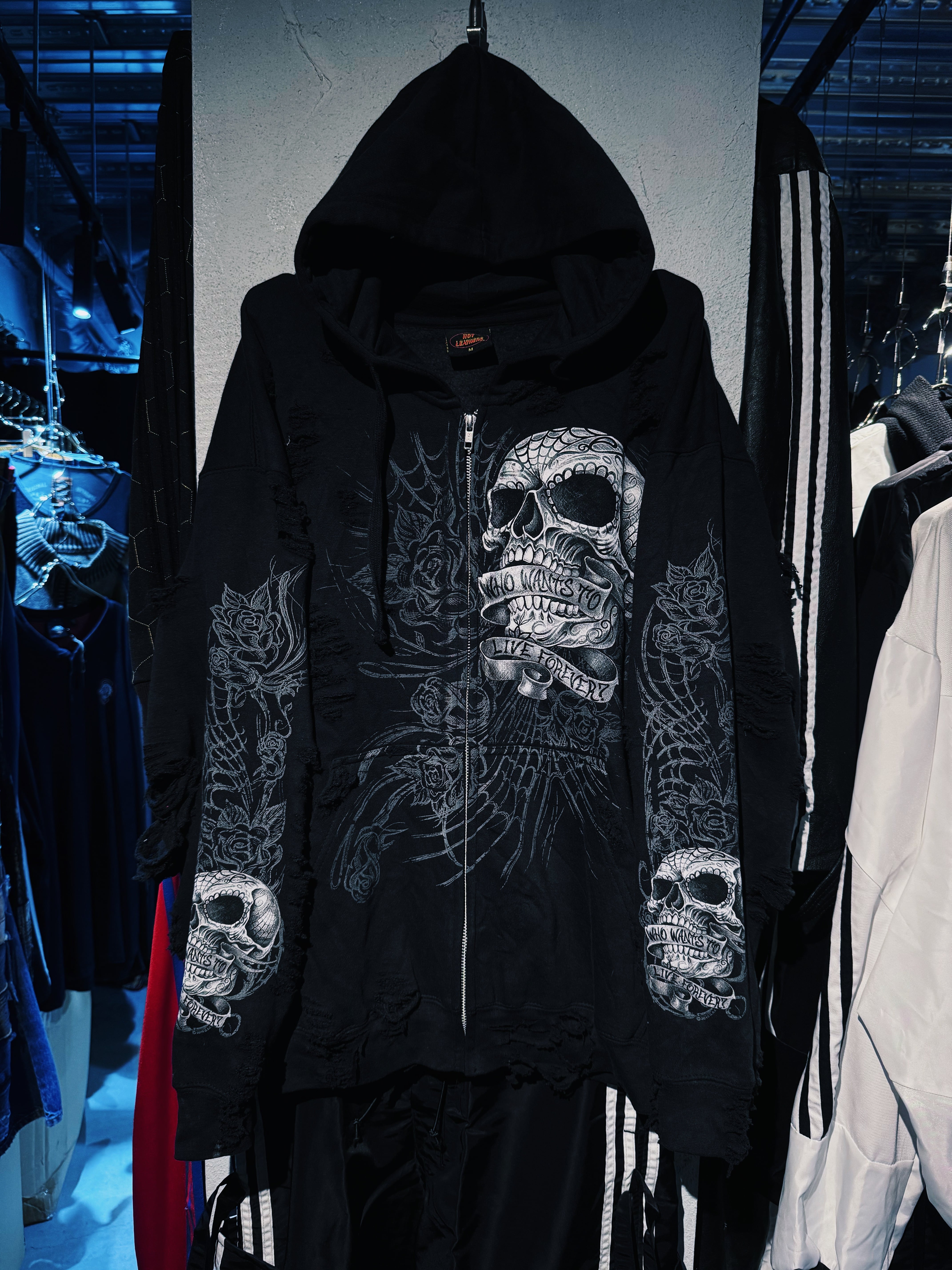 【D4C】vintage full pattern skull & rose tatoo print design zip up boro custom hoodie