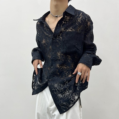 フラワー柄シアーシャツ　シャツ　長袖　シアー　10052