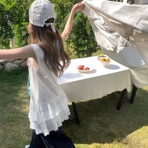 チュニック ブラウス レディース 春夏 韓国 ガーリー ノースリーブ Vネック レース フリル ティアード フロントリボン ペプラム風 シアー 体型カバー 華奢見え バレエコア コケットコア フェミニン レイヤード デート 女子会 旅行 [LS-CGT143]