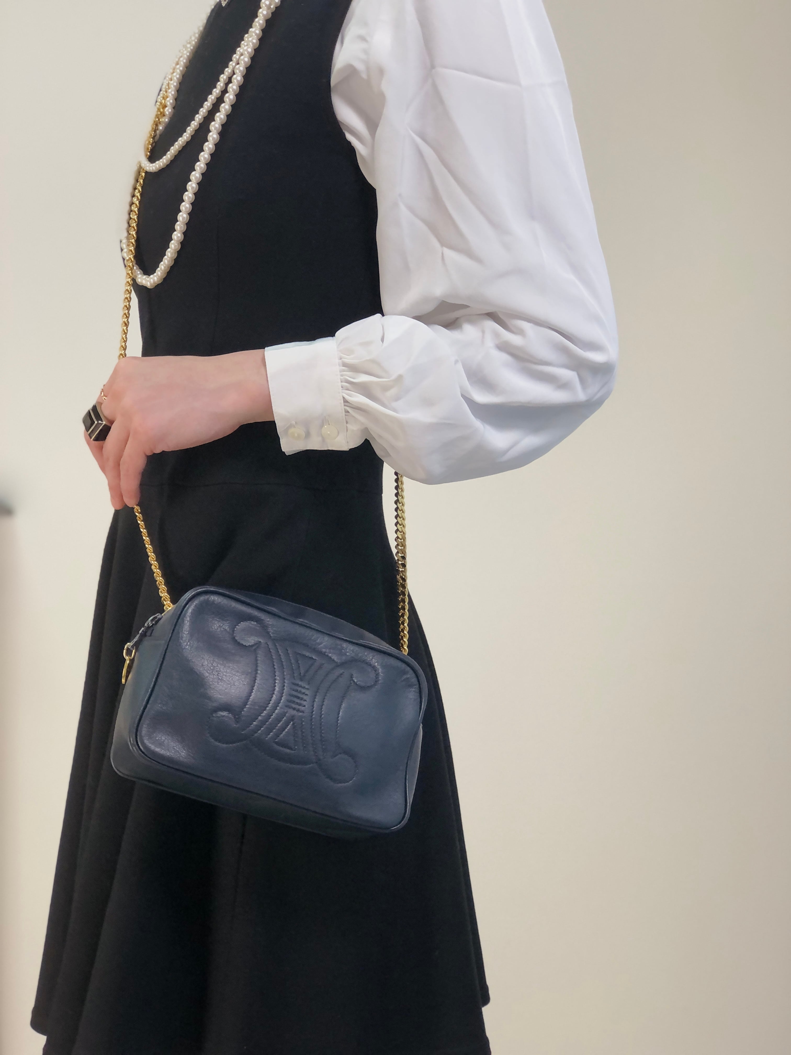 CELINE セリーヌ ショルダーバッグ ネイビー トリオンフ ステッチ レザー チェーン vintage ヴィンテージ オールド h4r6w8