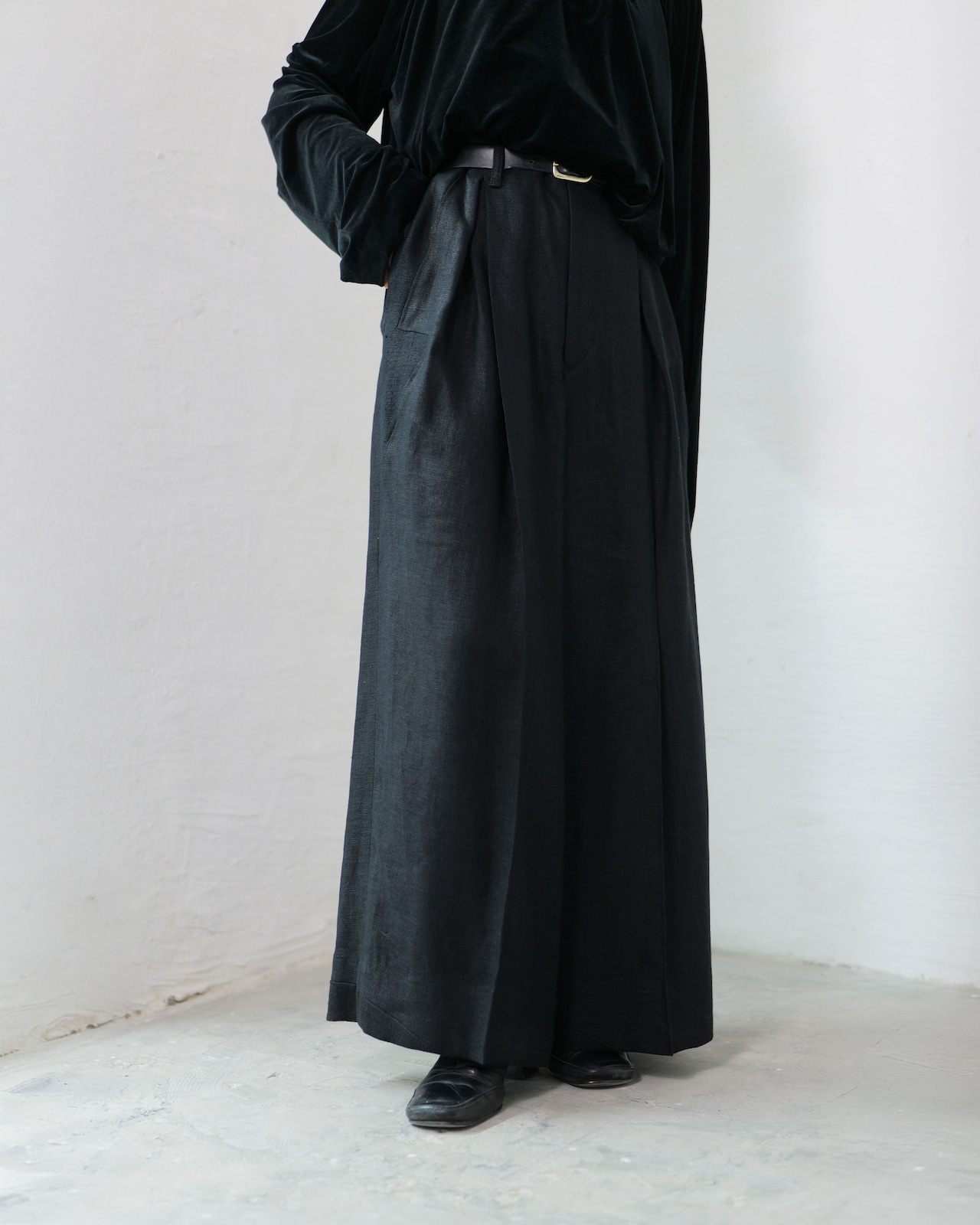 i’m here - Linen Wide Pants :Black|3種リネン切替/ワイド/“だまし絵”前立て