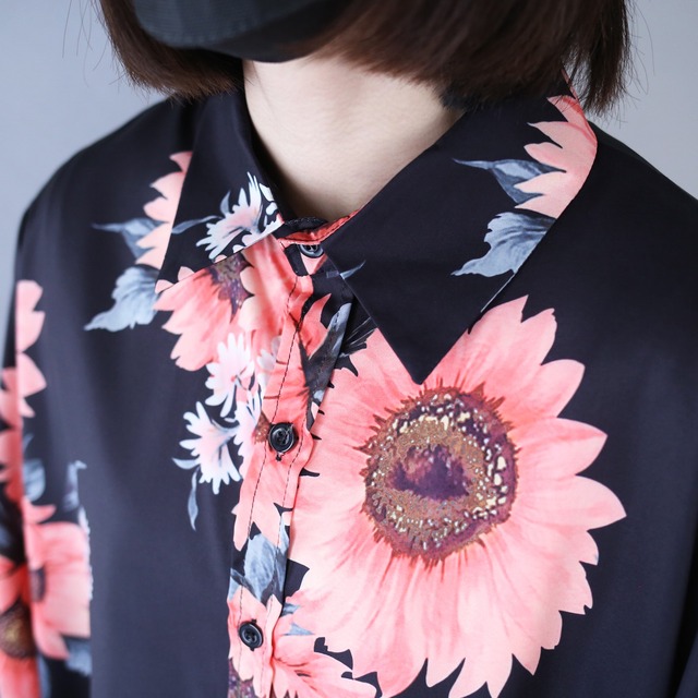 black base pink sunflower art pattern mode shirt