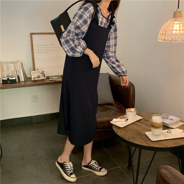 【MumuIns 】 夏新作チェック柄点セットアップ　シャツ＋ジャンパースカート　A0342