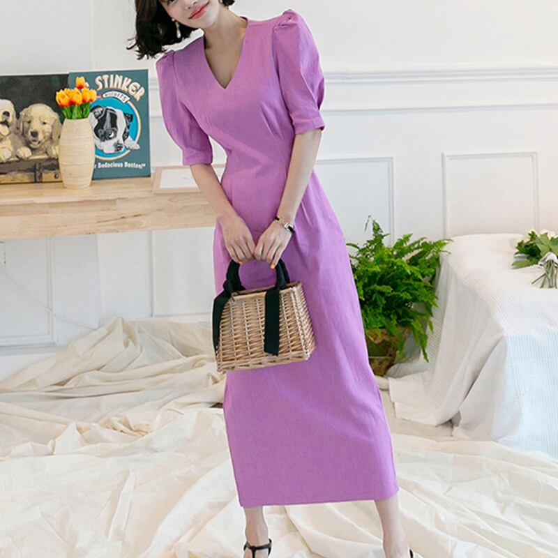 ワンピース Ol 通勤 フォーマル Vネック ロング丈 紫 韓国系 パフスリーブ エレガント 綺麗め パープル S M L Ll Dresszone ワンピース Ol 通勤 フォーマル Vネック ロング丈 紫 韓国系 パフスリーブ エレガント 綺麗め パープル S M L Ll Dresszone