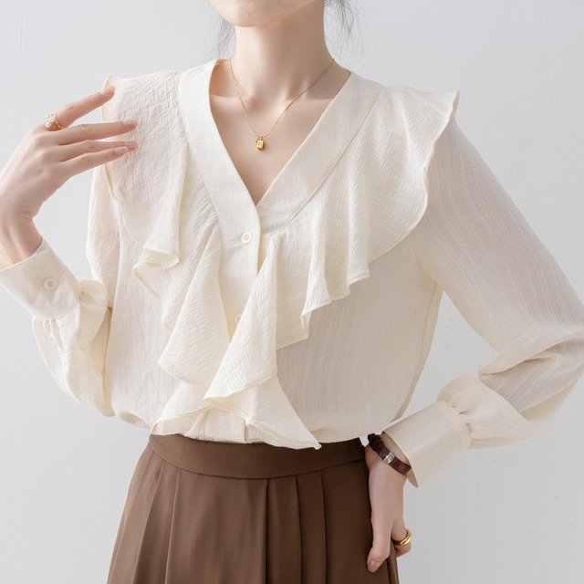 ラッフルフリルVネックブラウス Me1758