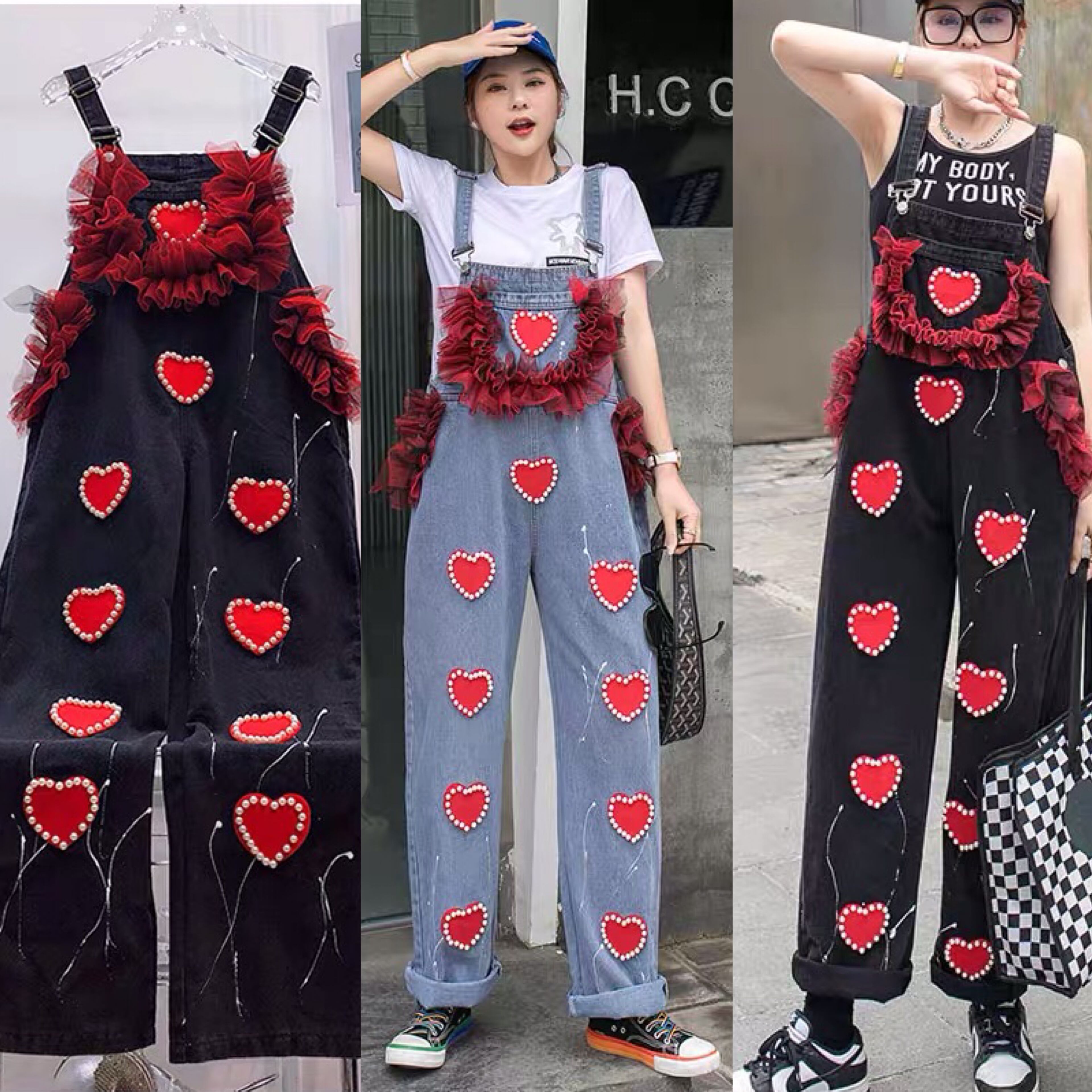 ♥プチブライス♥オーバーオール　デニムパンツ デニムパンツ ハート 赤 リボン フリル かわいい オーバーオール