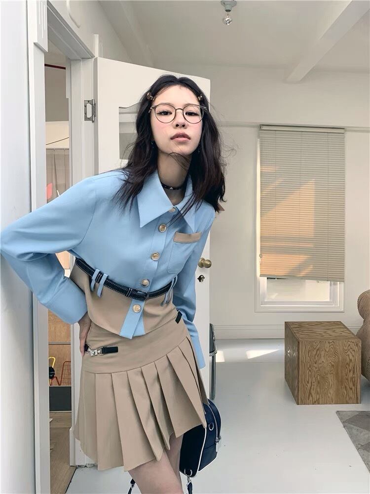 セットアップ】水色 ベージュ 制服 プリーツスカート オフショルダー  