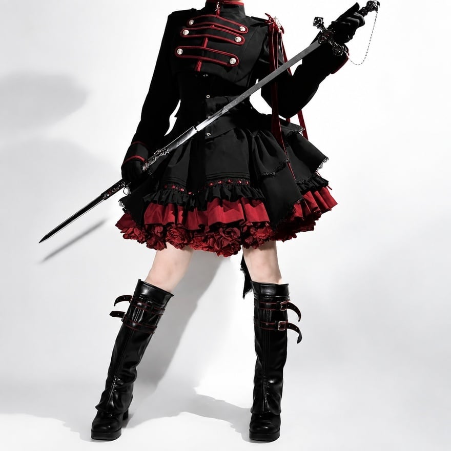 深紅を纏う黒の近衛隊 立ち襟フリル軍服ロリータスカート4点セット