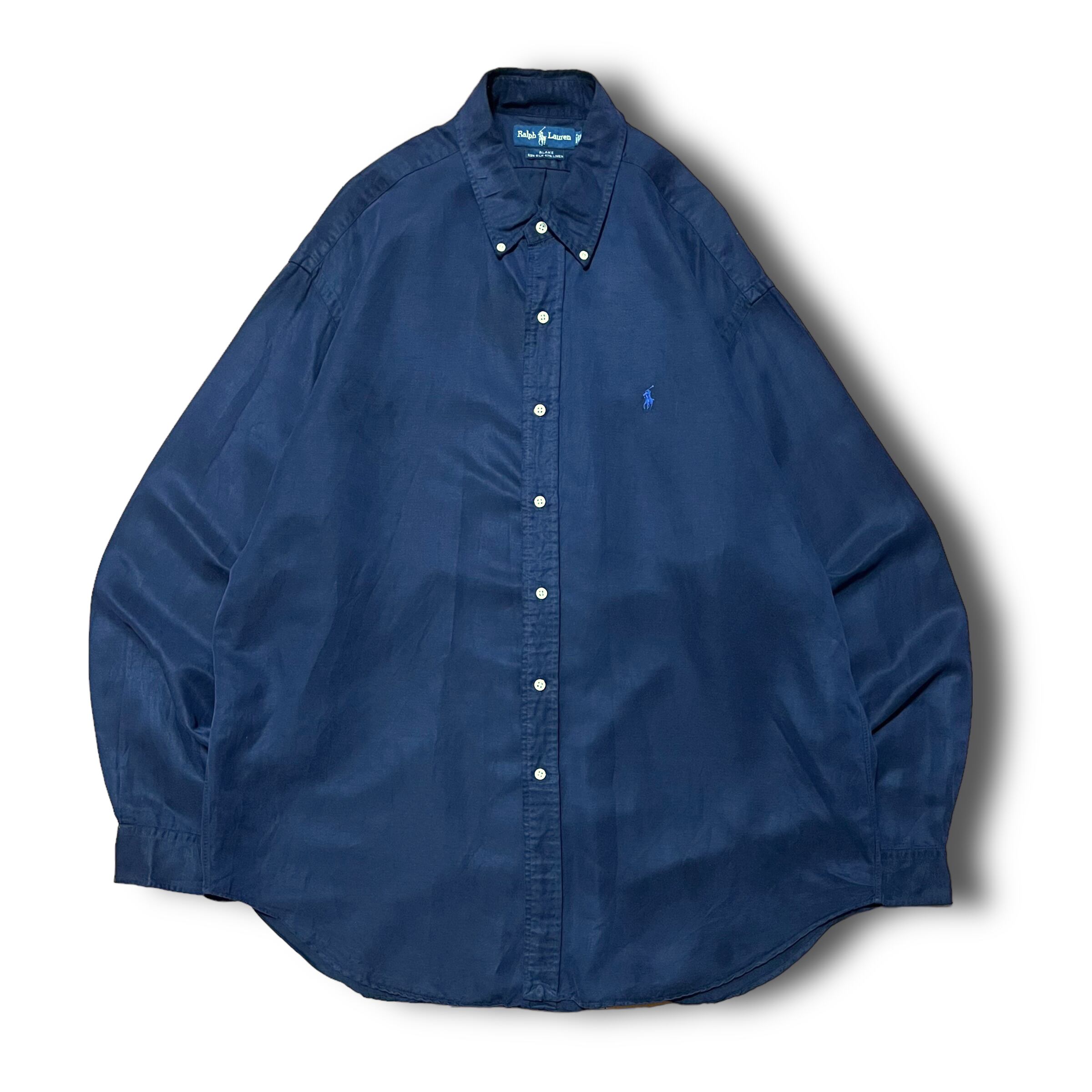 【Ralph Lauren】1990's シルクリネンボタンダウンシャツ ネイビー