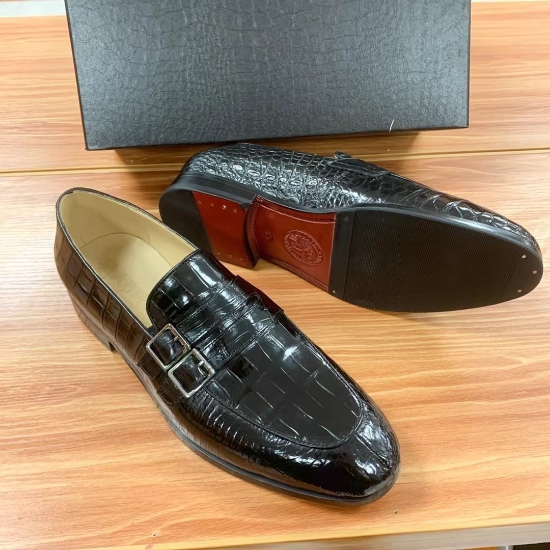 高級品 クロコダイルレザー 本物保証 靴 25.0cm−26.5cm 黒 スリッポン