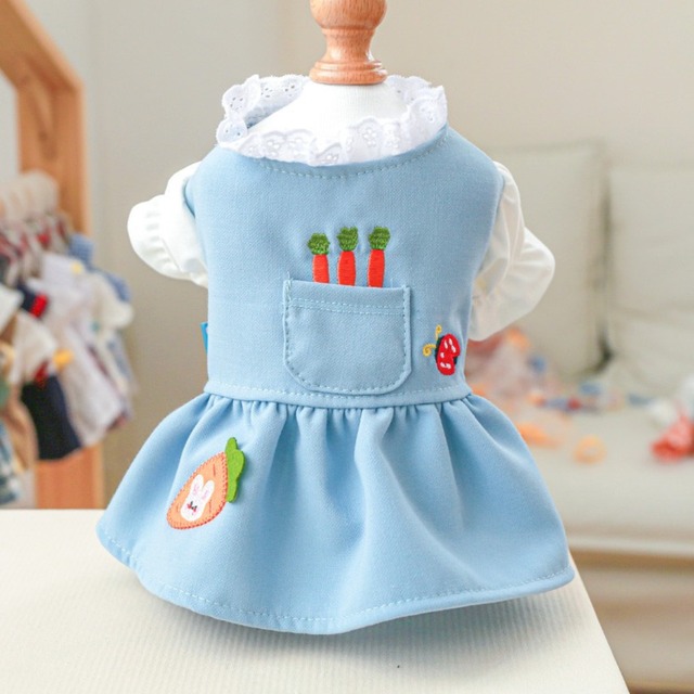 【ワンカラー】小さなキャロット刺しゅうのブルーワンピース d1521