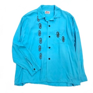 【USED】50s Vintage オープンカラー レーヨンシャツ ブルー ハンドステッチ