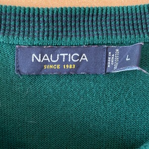 【NAUTICA】グッドカラー 深緑 無地 ニット セーター L アメリカ古着