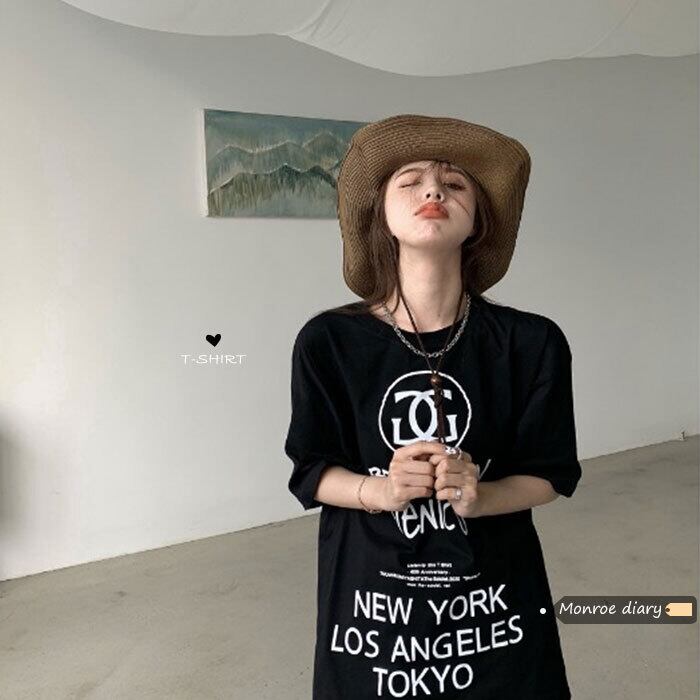 ブラックTシャツ ルーズサマートップス コットン 夏物 モンロー93468126572